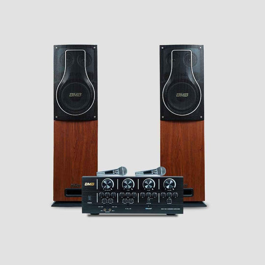 BMB Advance 150+150W RMS Dynamic Stereo Speakers with 2 Dynamic Mic, Paper Cone 20CM Wooden Woofers, 3 Equalizer Bands, 8 ohms, Multi-Connectivity Home Theater Compatible with LED/LCD TVs Persang Karaoke