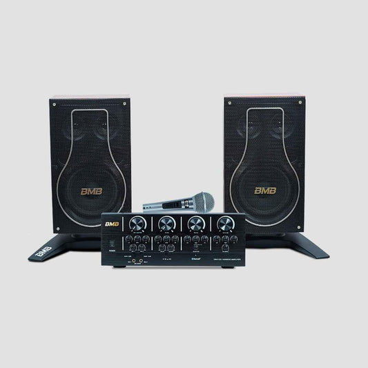 PERSANG BMB 150+150W RMS Dynamic Stereo Speakers with 1 Dynamic Mic, Paper Cone 20CM Wooden Woofers, 3 Equalizer Bands, 8 ohms, Multi-Connectivity Home Theater Compatible with LED/LCD TVs Persang Karaoke