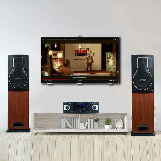 BMB Premium Package 150+150W RMS Dynamic Stereo Speakers with 2 Dynamic Mic, Paper Cone 20CM Wooden Woofers, 3 Equalizer Bands, 8 ohms, Multi-Connectivity Home Theater Compatible with LED/LCD TVs Persang Karaoke