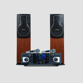 BMB Premium Package 150+150W RMS Dynamic Stereo Speakers with 2 Dynamic Mic, Paper Cone 20CM Wooden Woofers, 3 Equalizer Bands, 8 ohms, Multi-Connectivity Home Theater Compatible with LED/LCD TVs Persang Karaoke