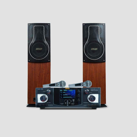 BMB Premium Package 150+150W RMS Dynamic Stereo Speakers with 2 Dynamic Mic, Paper Cone 20CM Wooden Woofers, 3 Equalizer Bands, 8 ohms, Multi-Connectivity Home Theater Compatible with LED/LCD TVs Persang Karaoke