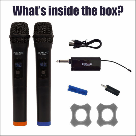 PERSANG Two UHF Wireless Microphone with Upto 7 Hours Playtime - Auto Connect Recharageable 100ft Rage Receiver, 1/4 Audio Connector Jack, Light Weight Mic for Karaoke, Sound Mixer, PA & Car Audio Persang Karaoke