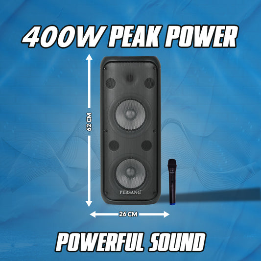 PERSANG Onyx 8 Tower Speaker | 400 watts peak power with (20.32 cm) Dual Woofers | Mono Bluetooth Speaker |Upto 4 Hours Play Time with Type C Charging,Multi-Connectivity Party Truly Wireless Speakers