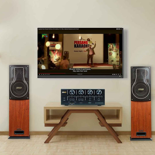 BMB Adavance 150+150W RMS Dynamic Stereo Speakers with 2 Dynamic Mic, Paper Cone 20CM Wooden Woofers, 3 Equalizer Bands, 8 ohms, Multi-Connectivity Home Theater Compatible with LED/LCD TVs