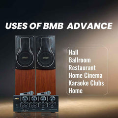 BMB Adavance 150+150W RMS Dynamic Stereo Speakers with 2 Dynamic Mic, Paper Cone 20CM Wooden Woofers, 3 Equalizer Bands, 8 ohms, Multi-Connectivity Home Theater Compatible with LED/LCD TVs