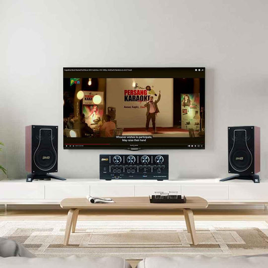 PERSANG BMB 150+150W RMS Dynamic Stereo Speakers with 1 Dynamic Mic, Paper Cone 20CM Wooden Woofers, 3 Equalizer Bands, 8 ohms, Multi-Connectivity Home Theater Compatible with LED/LCD TVs