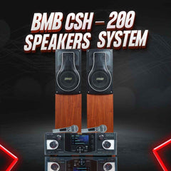 BMB 150+150W RMS Premium Package 150+150W RMS Dynamic Stereo Speakers with 2 Dynamic Mic, Paper Cone 20CM Wooden Woofers, 3 Equalizer Bands, 8 ohms, Multi-Connectivity Home Theater Compatible with LED/LCD TVs