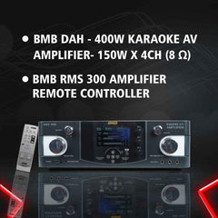 BMB 150+150W RMS Premium Package 150+150W RMS Dynamic Stereo Speakers with 2 Dynamic Mic, Paper Cone 20CM Wooden Woofers, 3 Equalizer Bands, 8 ohms, Multi-Connectivity Home Theater Compatible with LED/LCD TVs