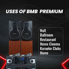 BMB 150+150W RMS Premium Package 150+150W RMS Dynamic Stereo Speakers with 2 Dynamic Mic, Paper Cone 20CM Wooden Woofers, 3 Equalizer Bands, 8 ohms, Multi-Connectivity Home Theater Compatible with LED/LCD TVs