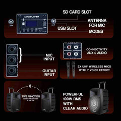 PERSANG Octane 9 Premium (10) 25.4 CMS Trolley Speaker | 2X UHF Wireless Mic | Upto 7 Hours Playtime | 100 Watts RMS/ 1000 PMPO,  Bluetooth, Aux, USB, SD Card | 1 Year Warranty