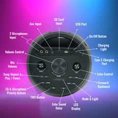 PERSANG Onyx Sound Party Speaker with wireles microphone , 320 watts peak with Dual Bass 16.51 CM Drivers, 4 Hours Playtime, with Dynamic Light, Bluetooth 5.1, SD Card, USB, AUX & TWS Options Connectivity