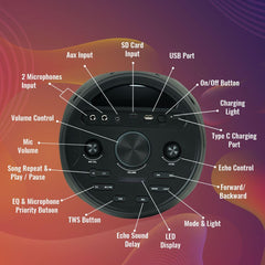 PERSANG Onyx Sound Party Speaker With Microphone , 40W RMS with Dual Bass 16.51 CM Drivers, 4 Hours Playtime, with Dynamic Light, Bluetooth 5.1, SD Card, USB, AUX & TWS Options Connectivity