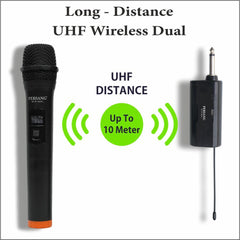 PERSANG Two UHF Wireless Microphone with Upto 7 Hours Playtime - Auto Connect Recharageable 100ft Rage Receiver, 1/4 Audio Connector Jack, Light Weight Mic for Karaoke, Sound Mixer, PA & Car Audio