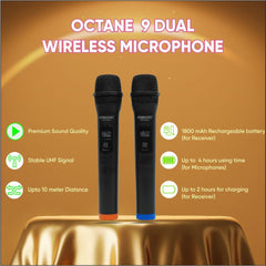 PERSANG Two UHF Wireless Microphone with Upto 7 Hours Playtime - Auto Connect Recharageable 100ft Rage Receiver, 1/4 Audio Connector Jack, Light Weight Mic for Karaoke, Sound Mixer, PA & Car Audio