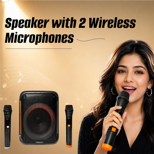 Persang Lyrics Lounge Portable Bluetooth Karaoke Party Speaker with 2 Wireless Mics, 280W Peak Power, LED Lights, USB, & TWS Pairing