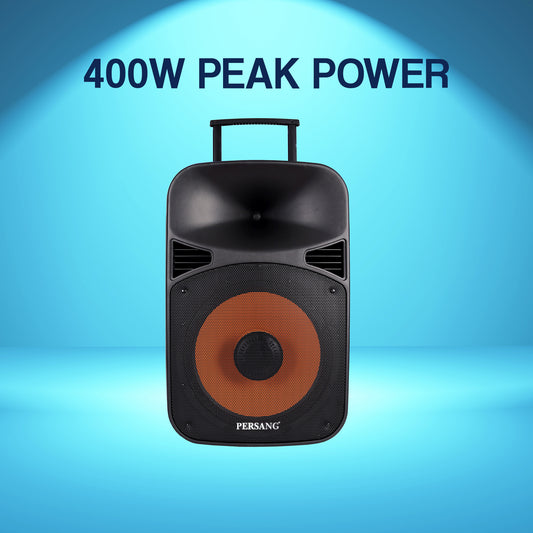 Persang Octane 9 (15) 38.1 Singing Trolley Bluetooth Speaker with 2X UHF Mic & Remote, 400 watts peak power, Upto 4 Hrs Playtime,FM,Bluetooth, USB/SD Card/AUX | EQ Modes & Reactive RGB Lights