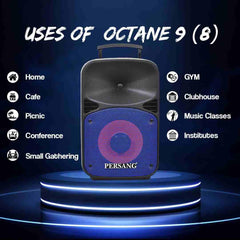 Persang Octane 9(8) Trolley Speaker 30 Watts RMS with UHF Wireless Mic, Upto 4 Hrs Playtime Supports Guitar | 20.32 CM Woofers with Remote Controls for Mic, AUX Connectivity | 1 Year Warranty