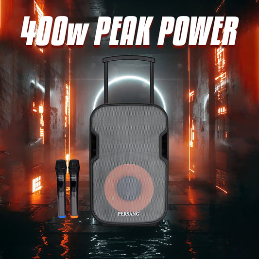 Persang Octane 9 (15) 38.1 Singing Trolley Bluetooth Speaker with 2X UHF Mic & Remote, 50 Watts RMS / 500 PMPO, Upto 4 Hrs Playtime,FM,Bluetooth, USB/SD Card/AUX | EQ Modes & Reactive RGB Lights