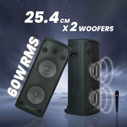 PERSANG Onyx 10 Tower Speaker | 60 Watts RMS / 600 PMPO Speakers with (25.4 cm) Dual Woofers | Mono Bluetooth Speaker | Upto 4 Hrs Playback Time with Type C Charging,Multi-Connectivity Party Speakers