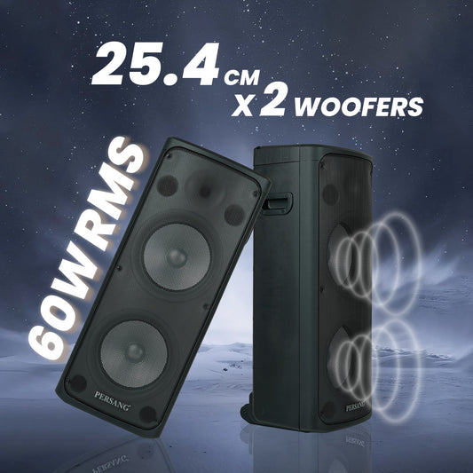 PERSANG Onyx 10 Tower Speaker | 60 Watts RMS / 600 PMPO Speakers with (25.4 cm) Dual Woofers | Mono Bluetooth Speaker | Upto 4 Hrs Playback Time with Type C Charging,Multi-Connectivity Party Speakers
