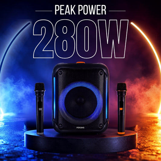 Persang Lyrics Lounge Portable Bluetooth Karaoke Party Speaker with 2 Wireless Mics, 280W Peak Power, LED Lights, USB, & TWS Pairing